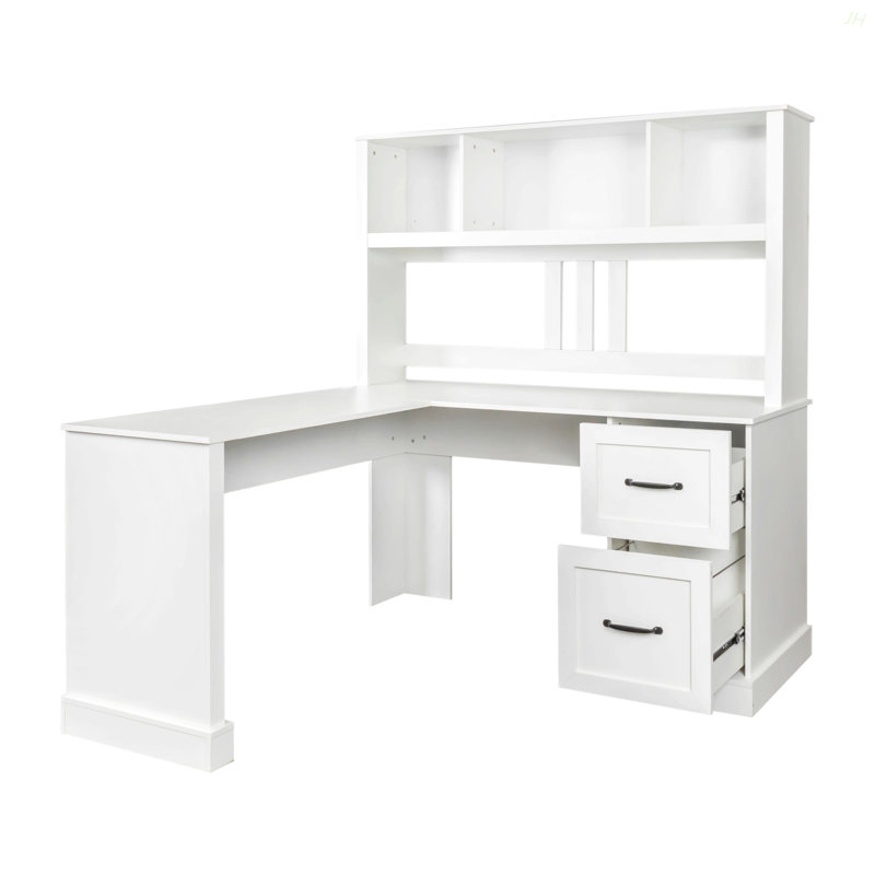 Home Office Computer Desk With Hutch, Antiqued White Finish, White