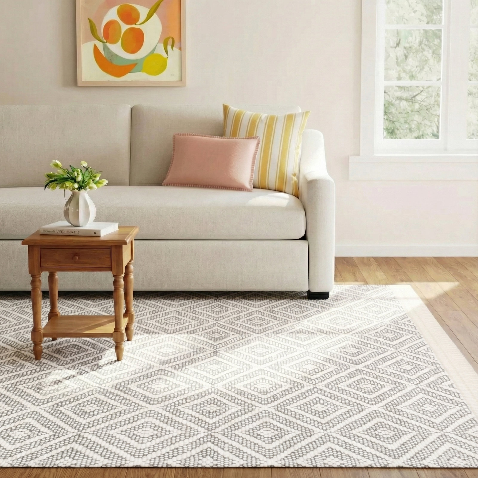 Pompano Ivory Grey Hand-Woven Geometric Rug, Rectangle 8' x 10'