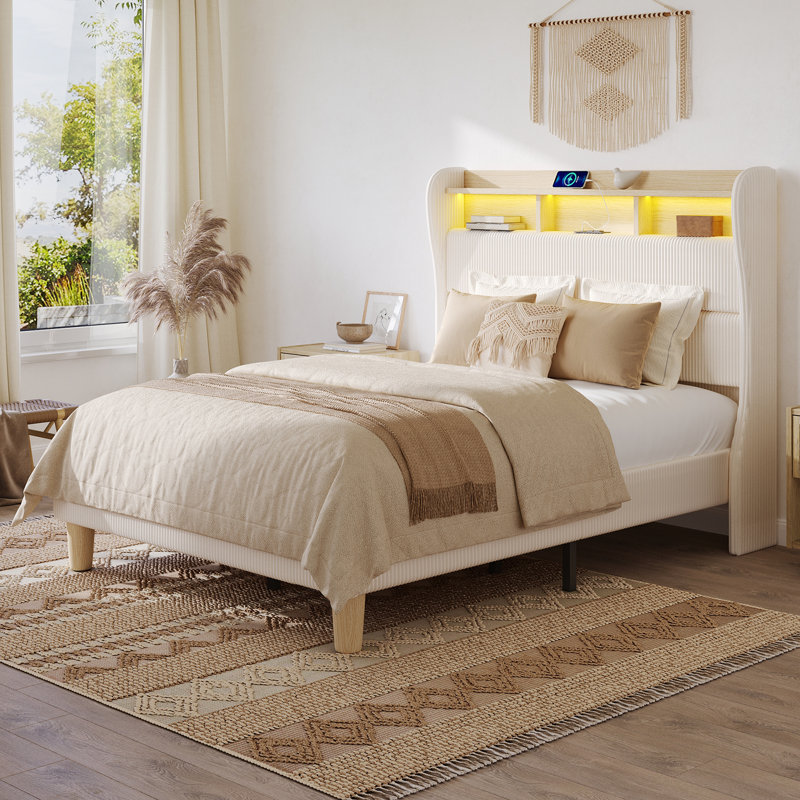 Beige Corduroy Upholstered Platform Bed Frame, Wingback Storage Headboard with RGB LED Lights & USB Type-C Charging Ports