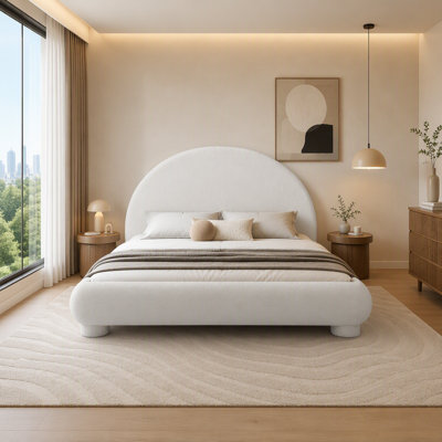 Boucle Fabric Platform Bed, Curved Arched Upholstered Bed Frame with Wooden Slats