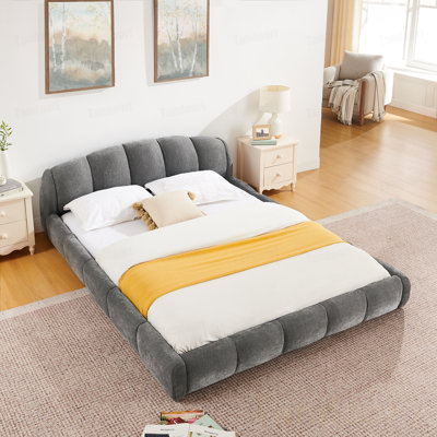 Queen Size Elegant Chenille Upholstered Platform Bed Frame, Thick Curved Headboard & Wrapped Footboard, Low Profile Floor Bed, No Box Spring Required, Easy Assembly