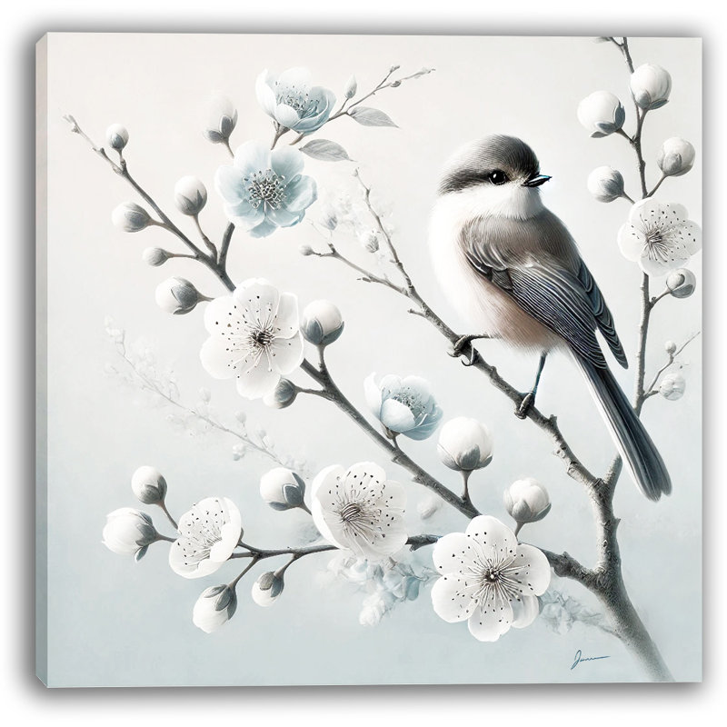 Impression sur toile «Elegance of Nature - White Blossom and Bird», H 12 po x l 12 po x P 1 po