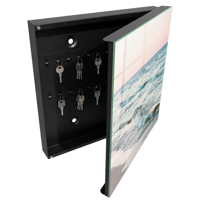 Key cabinet, Opens to the right, 30x30x5, Black, Calming sea waves at sunset, 