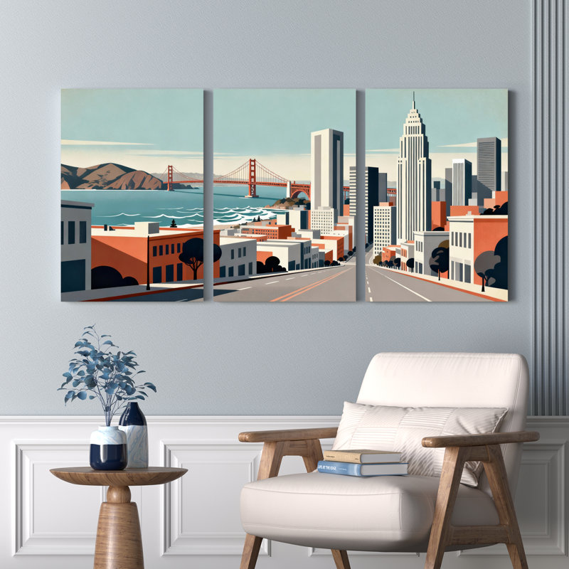 Ensemble de 3 toiles murales représentant le pont et la ligne d'horizon de San Francisco, H 36 po x l 72 po