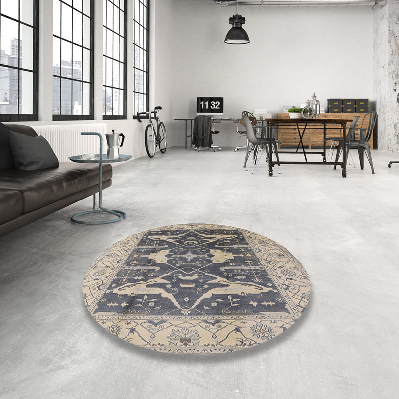 Tapis oriental bleu marine / ivoire, Rond 8 pi