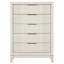 Commode 1 pièce avec glissières latérales en métal, poignées chromées, 5 tiroirs à queue d'aronde, design cannelé, fini blanc antique, style transitionnel, chambre à coucher