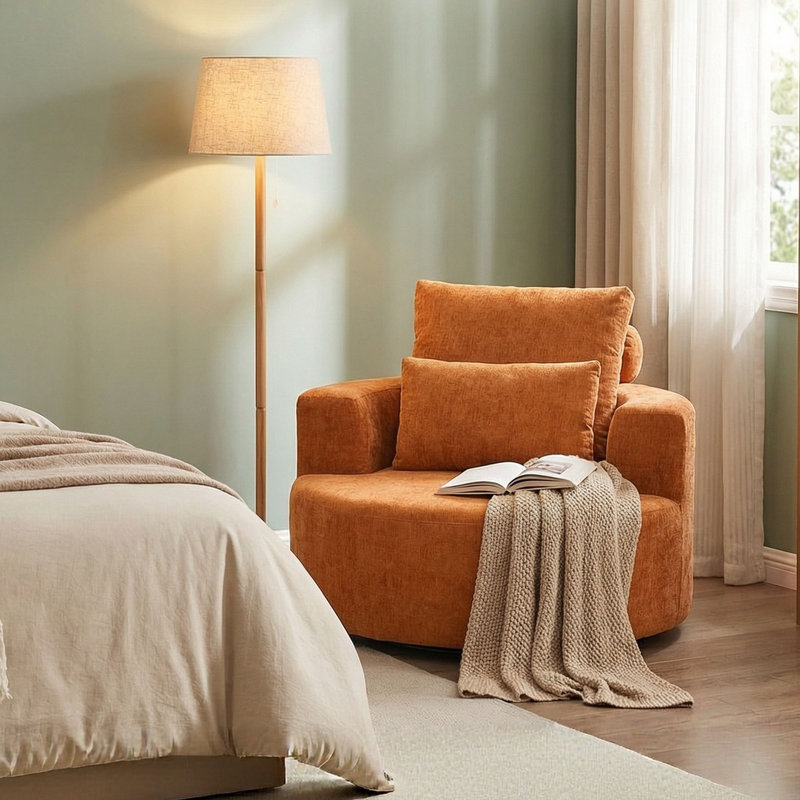 Oversized Barrel Accent Chair, 360° Swivel Round Upholstered Sofa, Chenille High-Resilience Sponge, No Assembly Wide Seat