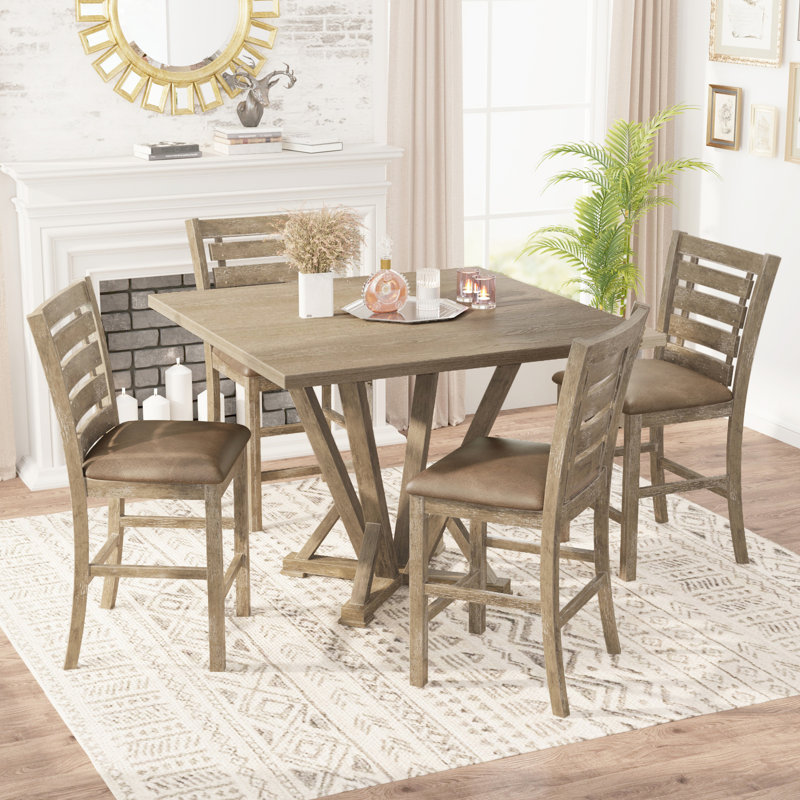 Table de salle à manger rustique en bois massif, forme carrée, finition brune, chaises rembourrées grisâtre, style rétro avec look et siège