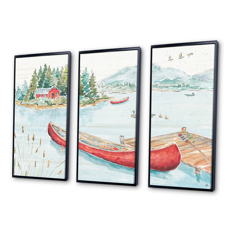 Lake House Canoes II - 3 pièces, reproduction sur toile, Cadre noir, L 36 po x H 28 po