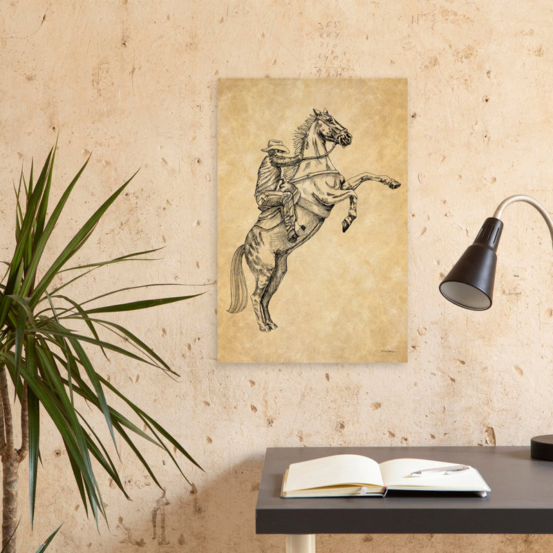 «Cowboy on Horse II», dessin rétro d'un cowboy, H 24 po x l 16 po