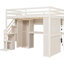 Lit mezzanine beige avec garde-robe intégrée, bureau d'étude, rangement ouvert et lumières à DEL, configuration d'espace pour les espaces compacts et les chambres doubles