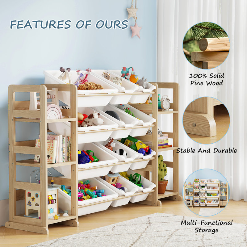 Toy Storage Organizer - Toy Organizers And Storage With Bookshelf, Toy Storage Shelf With 4 Shelves And 12 Storage Bins, Kids Bookshelf And Toy Storage For Kids Room, Playroom, Nursery
