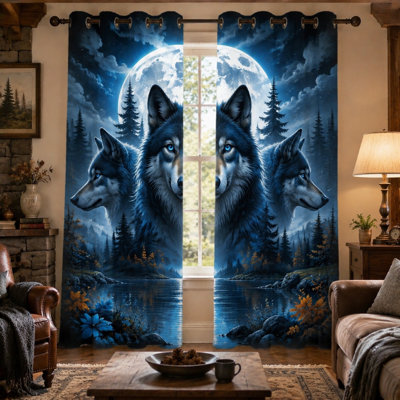2Pcs Wolf Full Moon Forest Landscape Curtains, Wild Animal Head Art Print Ring Top Sun Blocking for Bedroom Living Room for Home Dector