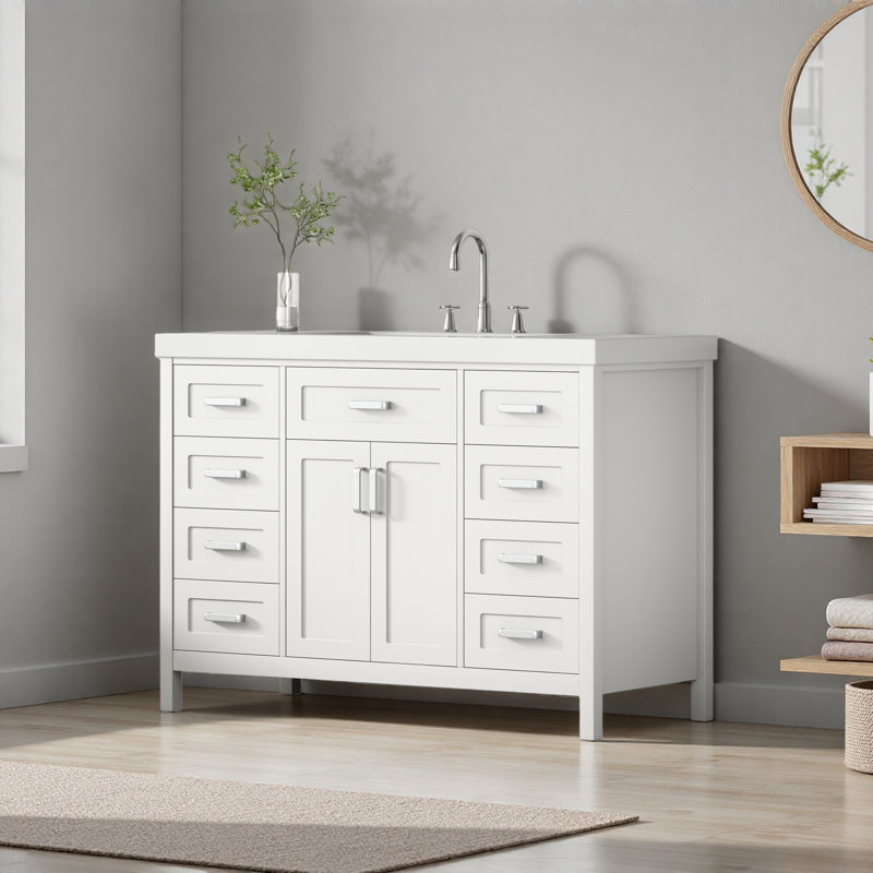 Meuble-lavabo 48 po avec lavabo, 2 portes et 8 tiroirs, système de fermeture en douceur, conception classique, Blanc