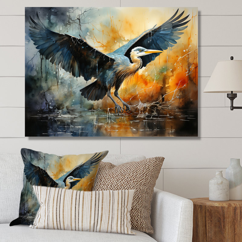 «Teal Yellow Heron Elegance» dévoile un pointillisme sur toile, H 16 po x l 32 po x P 1 po, Toile tendue