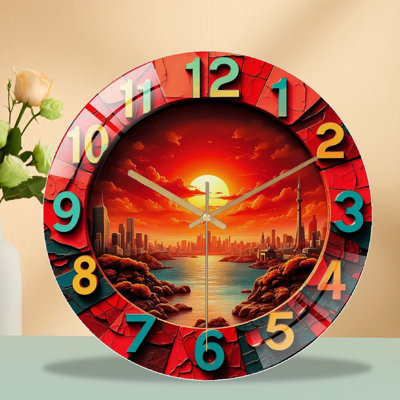 Sunset View Wall Clock Art Decor with Cities Art - 12'' Modern Glass Wall Clock