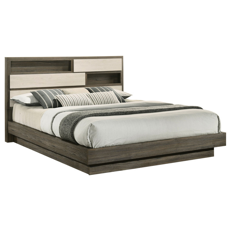King Bookcase Bed, Grey Oak Finish, Contemporary Design For Bedroom Space Utilization Bed With Headboard, Modern Interior Setup