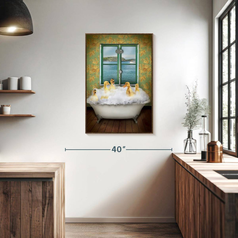 Ducks In Bath Tub, 25" x 37", Floating Frame Walnut