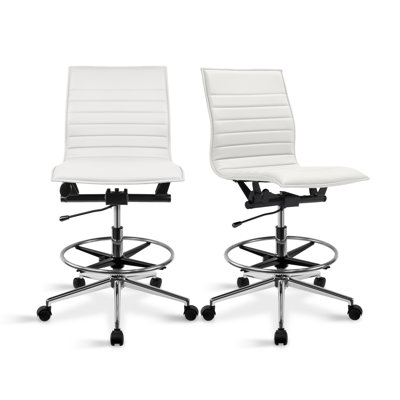 Set of 2 Modern Drafting Chair | Upholstered PU Leather Ribbed Armless Mid Back with Tall Adjustable Base & Leg Rest Swivel, Home, Executive, Conferen by Hokku Designs