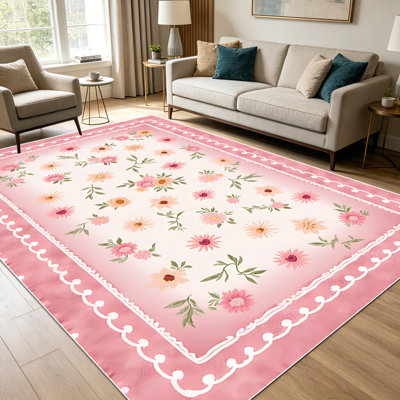 Tapis à motif floral festonné rose de 1 pièce pour le salon, doux et confortable, convient à toutes les saisons, facile à entretenir, tapis de sol intérieur lavable à la machine, sous la table de ferme convenant à la table à manger, à la chambre à coucher, à la cuisine, au vestibule, au porche