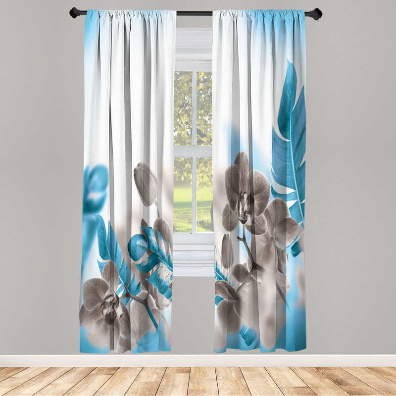 Microfiber Floral Semi-Sheer Rod Pocket Curtain Panels, 28" W x 84" L, Gray/Cyan/White