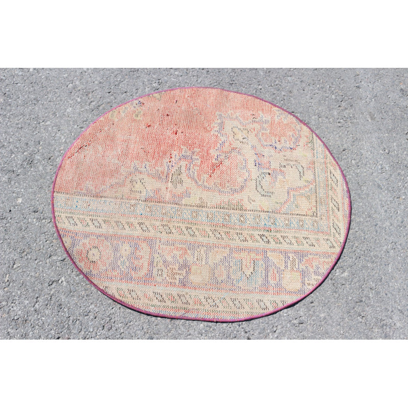 Petit tapis turc rétro de forme ronde au design antique et orange vif, idéal pour un décor de vestibule biologique