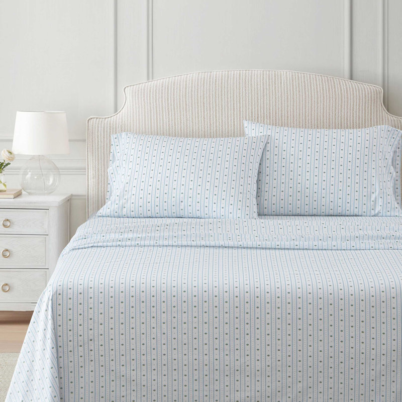 Martha Stewart Cotton Percale  Sheet Set, King Sheet Set with 2 Pillowcases, Floral Stripe Blue