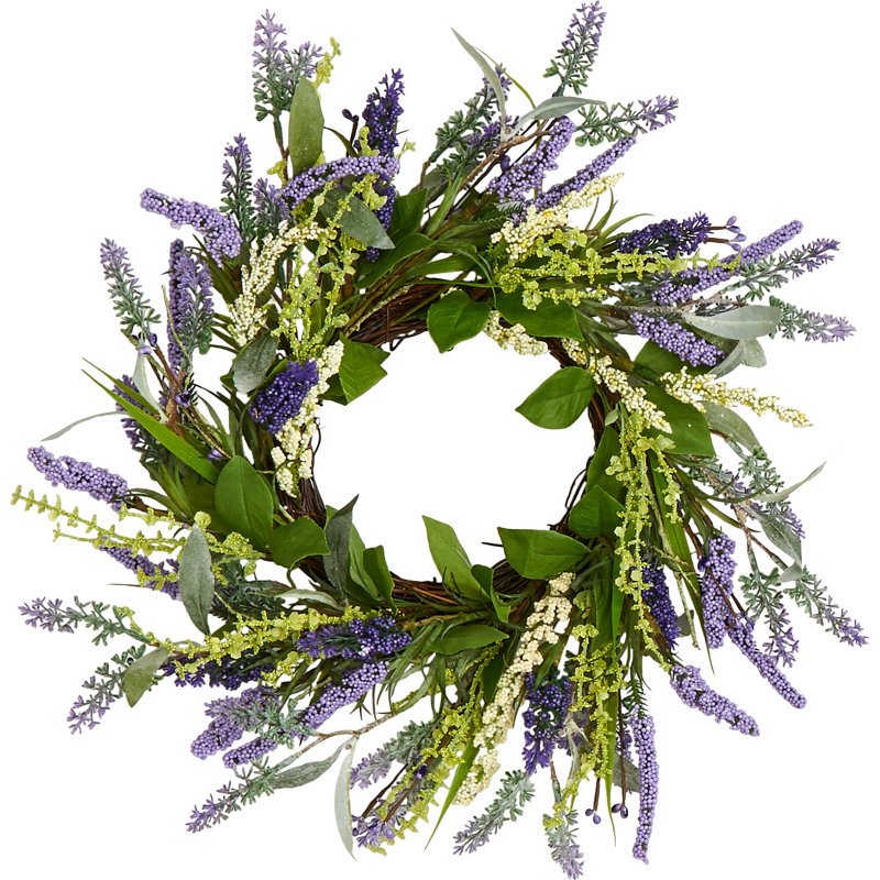 Couronne de lavande 14 po avec feuilles sur une base de brindille