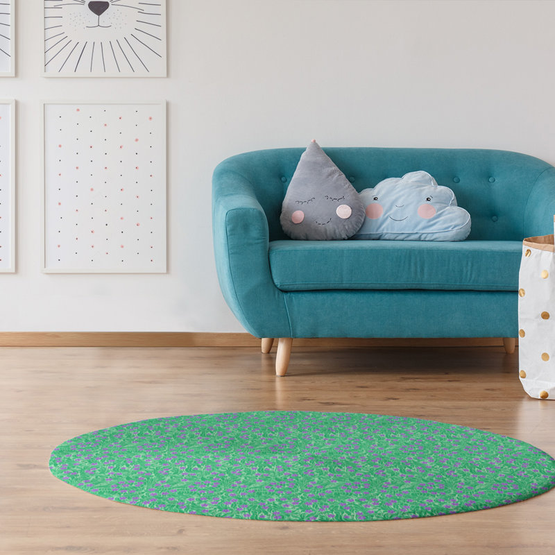 Tapis de fleurs vert pâle/mauve tourbillony, Rond 5 pi