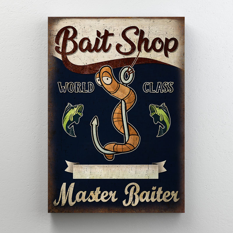 A Worm And Two Fishes - Bait Shop World Class Master Baiter - 1 Piece Rectangle Graphic Art Print On Wrapped Canvas