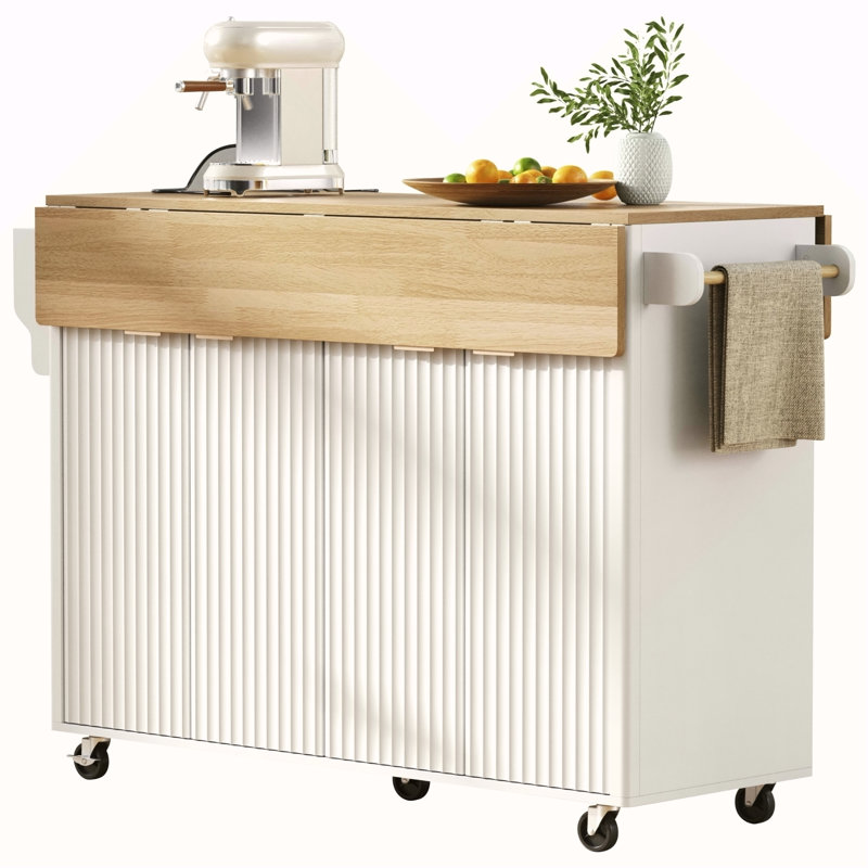 55.5" Fluted Kitchen Island With 2 Drop Leaf, Kitchen Storage Cart With Power Outlet, 4 Doors, Spice Rack, Rolling Island Table With Wood-Grain Top, Curved Edge For Kitchen, Dining Room