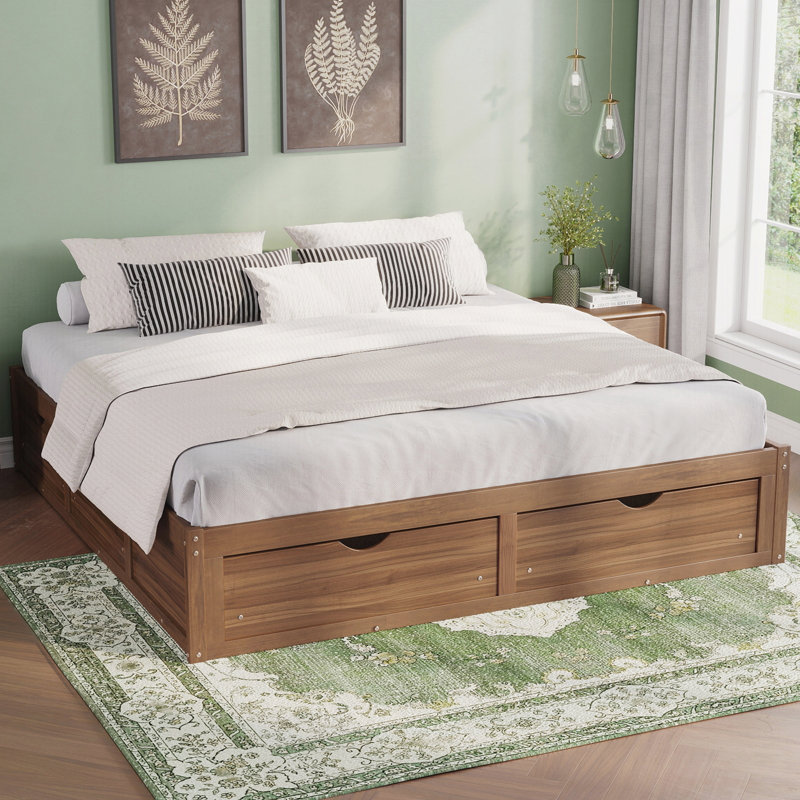 Lit plateforme très grand avec 6 tiroirs de rangement, lit de rangement en bois de pin, Natural Walnut
