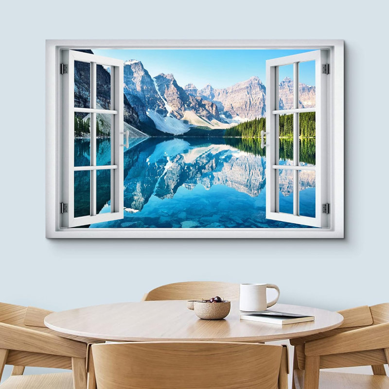 Fenêtre de paysage «Window View Rocky Mountain Forest Lake Reflection Nature Images Scenic Landscape» sur toile