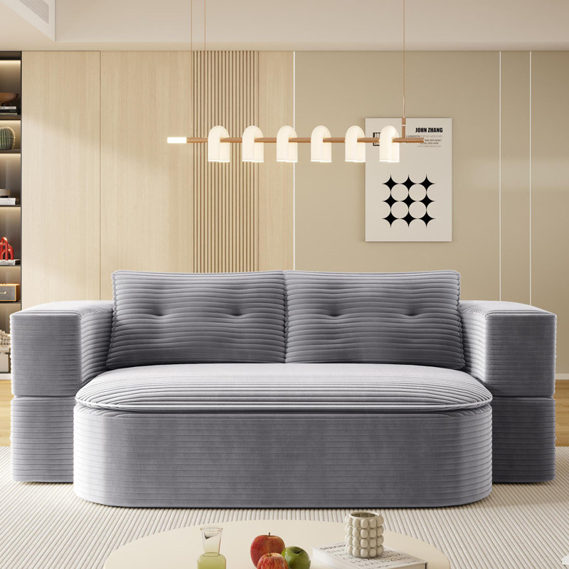 78.7" Modern 2-in-1 Foldable Sofa with Functional Blanket and 2 Soft Pillows, Light Gray