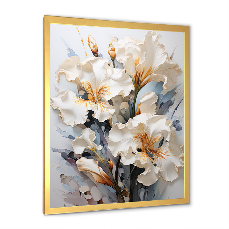 «Serenade of Irises» beige et jaune sur toile, impression sur toile, Cadre doré simple, H 44 po x l 34 po x P 1,5 po