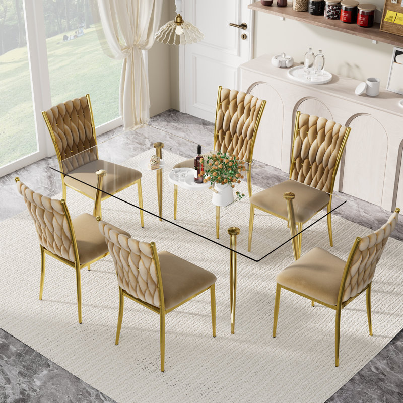 Rectangle Glass Top Dining Set for 4-6, Brown, 30"H x 51"L x 31.5"W, 7