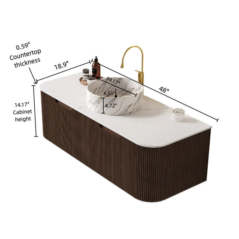 Meuble-lavabo de salle de bain 48 po Dina, meuble-lavabo rayé à bords arrondis avec 2 tiroirs, lavabo rond en céramique blanc et plateau en pierre frittée blanc de Carrare, pré-assemblé, couleur grain de bois noyer foncé