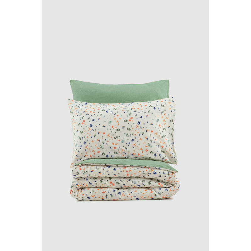 High-Quality Ranforce Single Quilt Cover Set, 53.1 x 78.7 inches | 100% Cotton, 145 Thread Count, Machine Washable | Includes 31.5 x 31.5 inches Pillowcase | Elegant Green, White, Orange & Dark Blue Design, Stylish & Comfortable