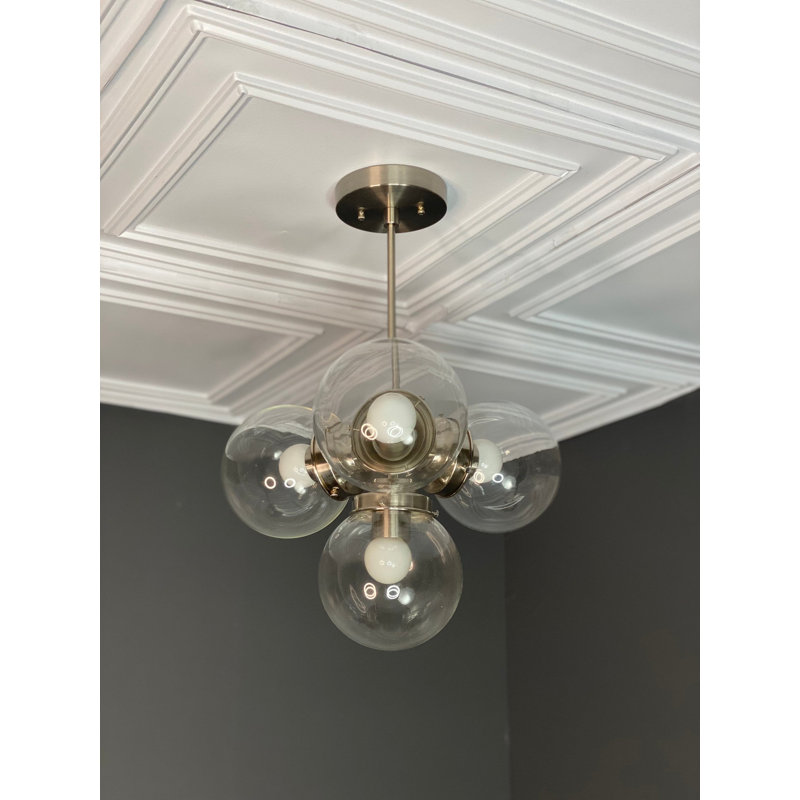 Lustre moderne 5 lumières Mid-Century, Nickel brossé, Transparent