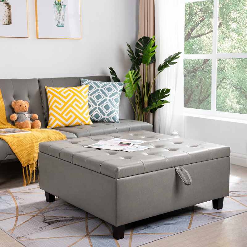 Strunk Vegan 35.4" Wide Air Leather Button Tufted Upholstered Lift-Top Large Ottoman Square Storage Bench, Gray Faux Leather