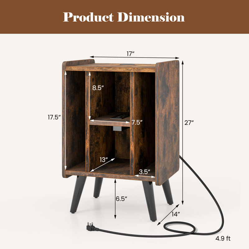 Millwood Pines Record Player Stand W/ Charging Station & Usb Ports, Nightstand Side Table W/ Vinyl Storage Cabinet For Living Room Bedroom, Album Display Shelf Turntable