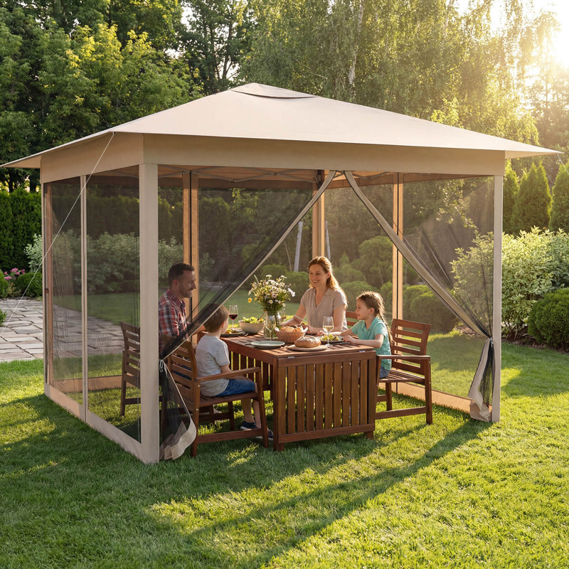 Auvent escamotable 11,5 X 11,5 pi avec filet grillagé, évent, 4 portes, Beige