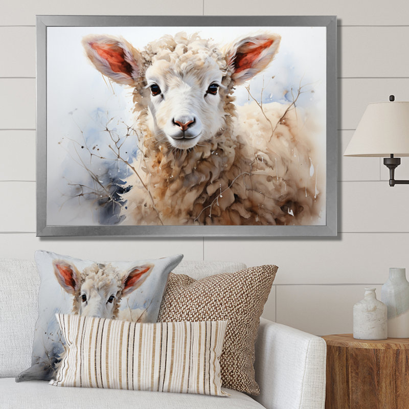 Mouton beige en hiver sur toile, H 30 po x l 40 po x P 1,5 po, Cadre photo argenté