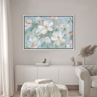 Soft Pastel Floral Blossoms Blue Background Romantic Garden Style Wall Decor for Living Room Bedroom Framed Canvas Master Bedroom Wall Art Work Print