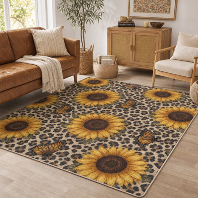 Tapis à imprimé léopard de tournesol 1Pcs - motif papillon vibrant, tapis d'intérieur facile d'entretien, décoration artistique pour la maison, envers antidérapant, pour le salon, la chambre à coucher, la cuisine et le bureau