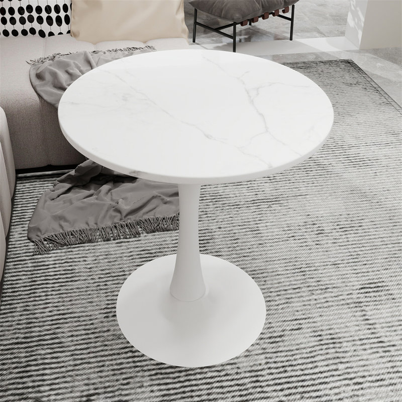 Table d'appoint ronde à plateau en marbre avec base piédestal conique (table seulement), Blanc, Blanc