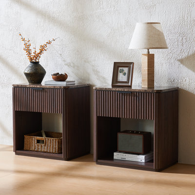 23.1"w Nightstand With A Drawer, Wood Tondreau Bedside Table With Faux Marble Top