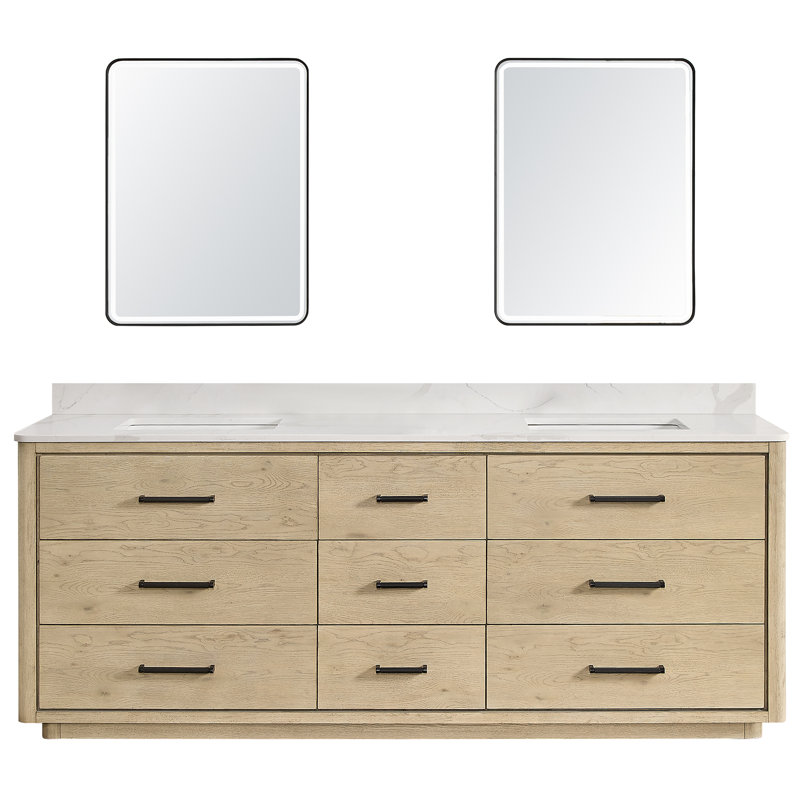 Porto 84'' Double Bathroom Vanity with Quartz Top, Natural Oak, Matte Black