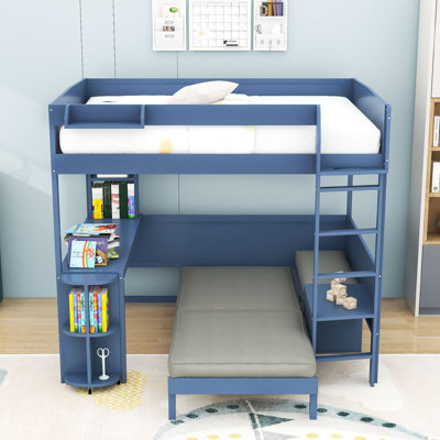 Full Wood Loft Bed with Rotating L-Desk, Shelves, Convertible Sofa and LED Lighting