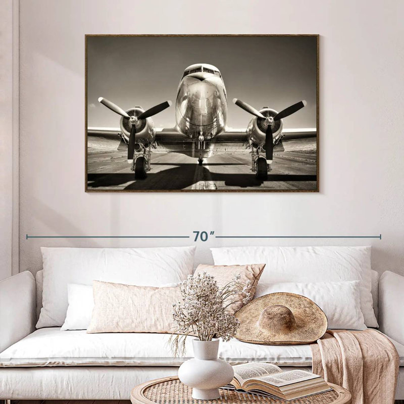 Avion rétro noir et blanc, 46 po x 31 po, Cadre flottant noyer